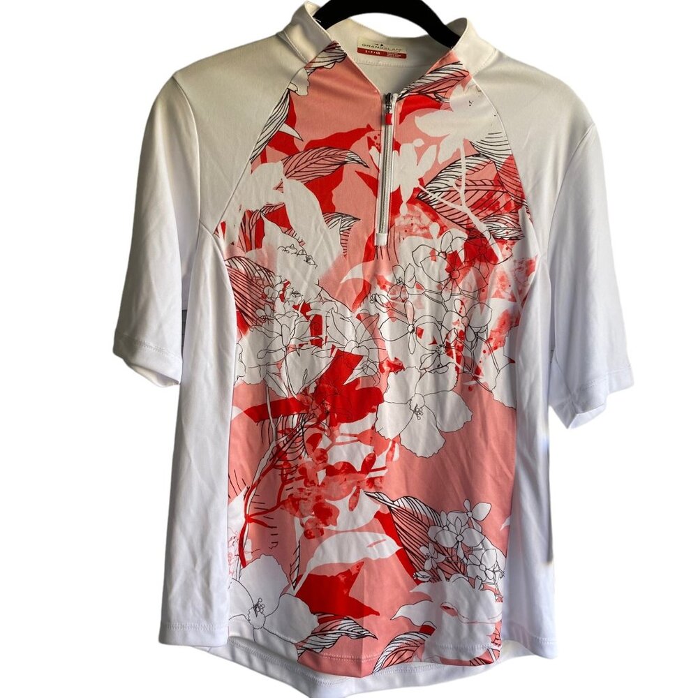 GRAND SLAM On Course Womens Top Floral Printed Funnel Neck Size S Short Sleeve